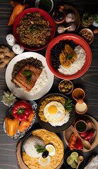 Buffet table full of lunch assorted dishes Peru Peruvian food