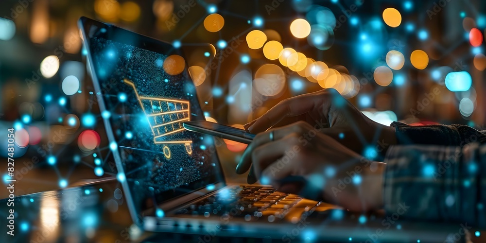 Poster global ecommerce network ensuring security with holographic technology. concept ecommerce security, 