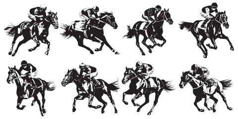 set of horses silhouette with riders, racing horses silhouette, horses silhouette with different angles