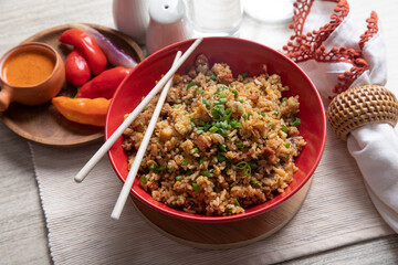 Chaufa amazonico Peruvian style fried rice lunch food chinese influence