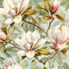 Magnolia Flower Seamless Pattern, Vintage Painting, White Magnolia Tile, Luxurious Spring Flowers