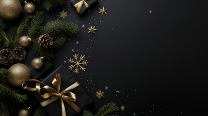Christmas decoration frame with copy space on black background