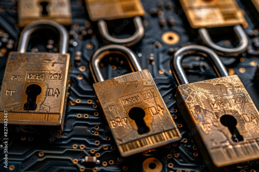 Aufkleber multiple padlocks on a circuit board, symbolizing comprehensive cyber security and data protection m