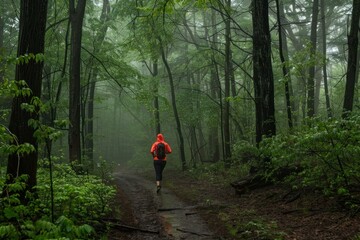Person in a vibrant orange jacket jogs along a serene, foggy forest path