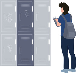 The boy is standing in front of the student's locker.