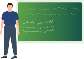 The boy is standing next to the class board.