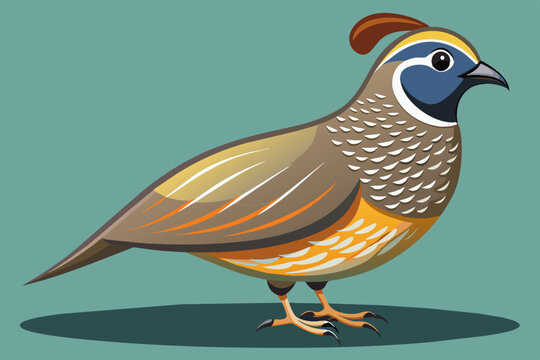 stylized quail bird, brown, orange, blue, teal clip art preview