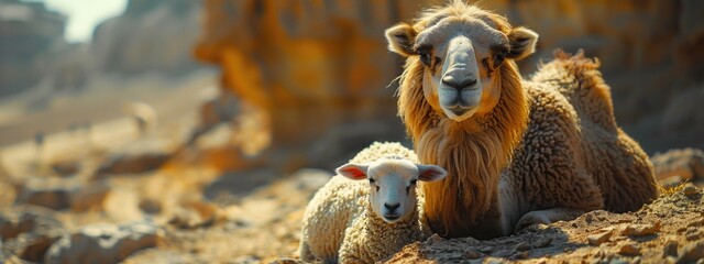 Obraz premium Eid al Adha Celebrating Faith and Sacrifice with Islamic Rituals and Community Feasts camel looking at camera