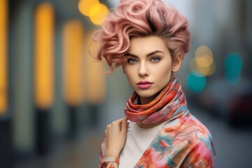 A beautiful woman with pink hair and scarf.