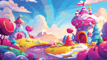 Candy landscape. Sweet storyland game panorama rainbo