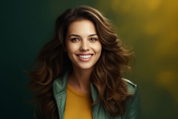 Obraz premium A beautiful woman smiling in green jacket.