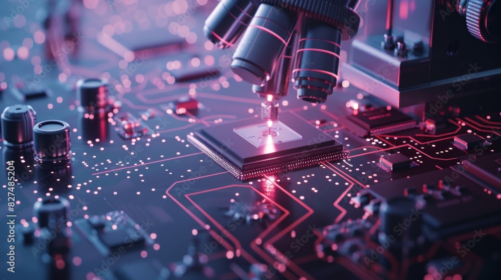 Poster close-up of a microscope analyzing a microchip on a glowing futuristic circuit board, highlighting p