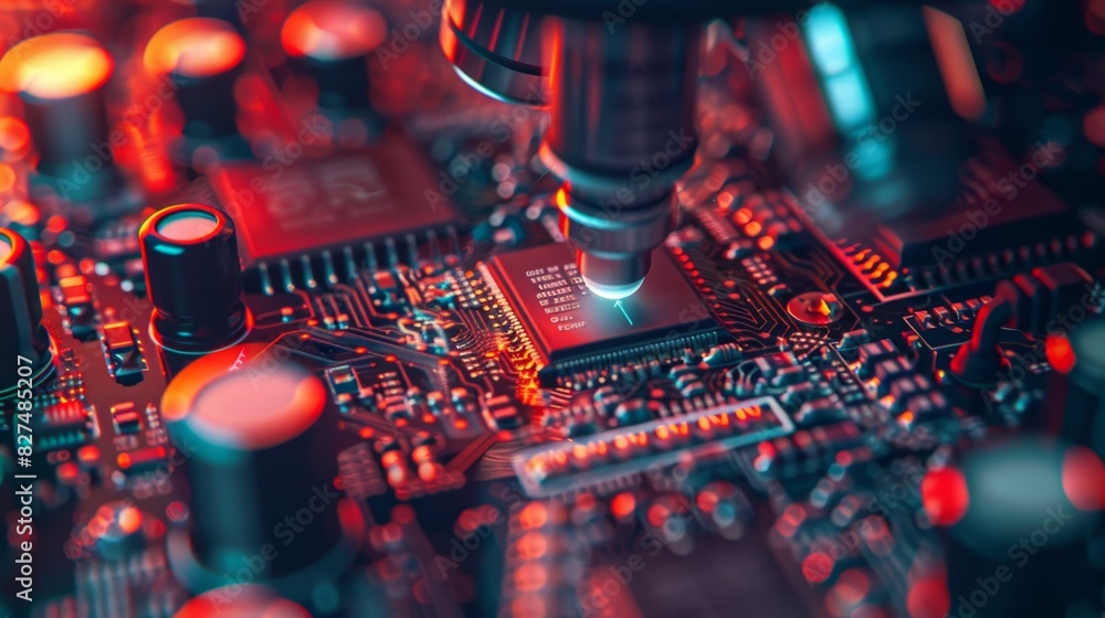 Poster close-up of a microscope analyzing a microchip on an illuminated red circuit board, emphasizing adva