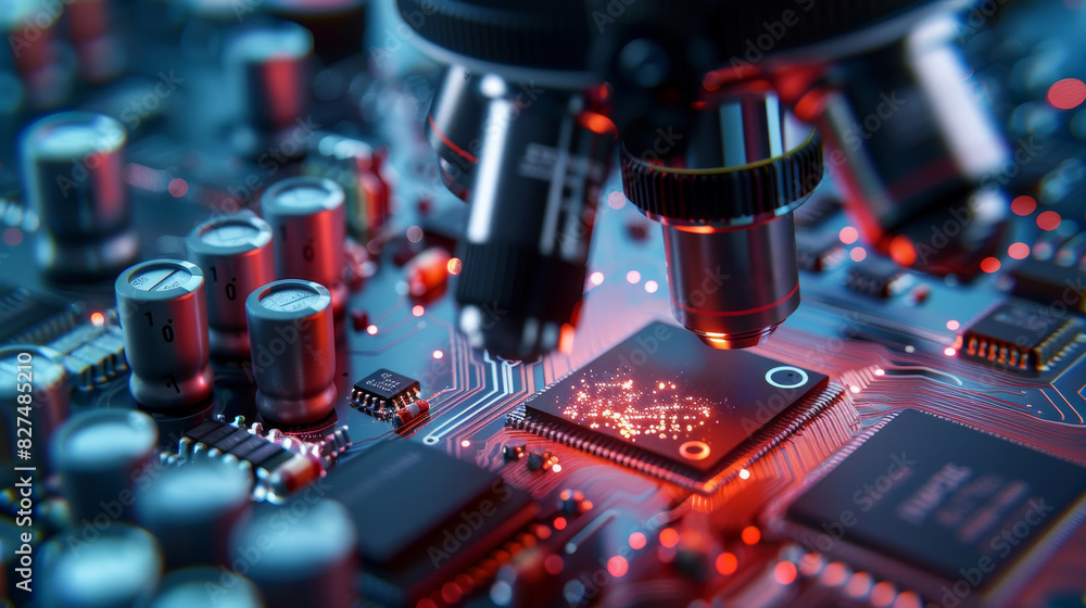 Poster close-up of a microscope analyzing a microchip on an illuminated red circuit board, highlighting det
