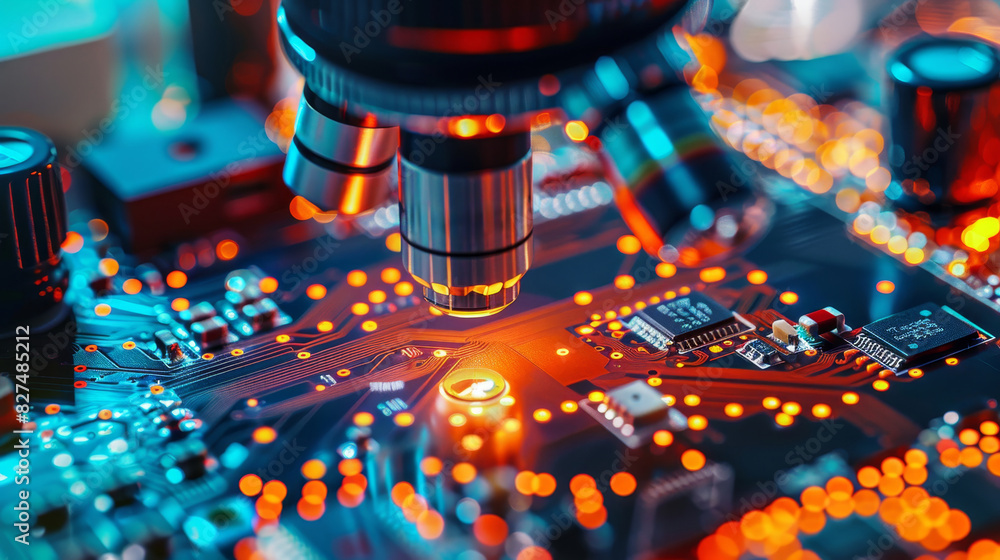 Poster close-up of a microscope examining components on an illuminated circuit board, showcasing detailed e