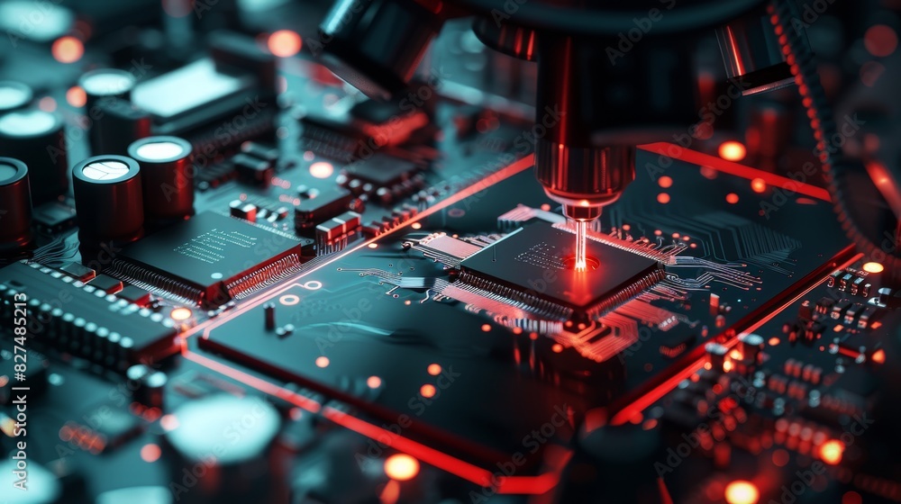 Poster close-up of a microscope inspecting a microchip on a red-illuminated circuit board, emphasizing prec