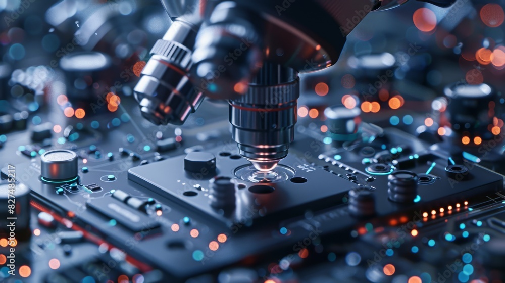 Poster close-up of a microscope analyzing a microchip on a modern, illuminated circuit board, emphasizing a