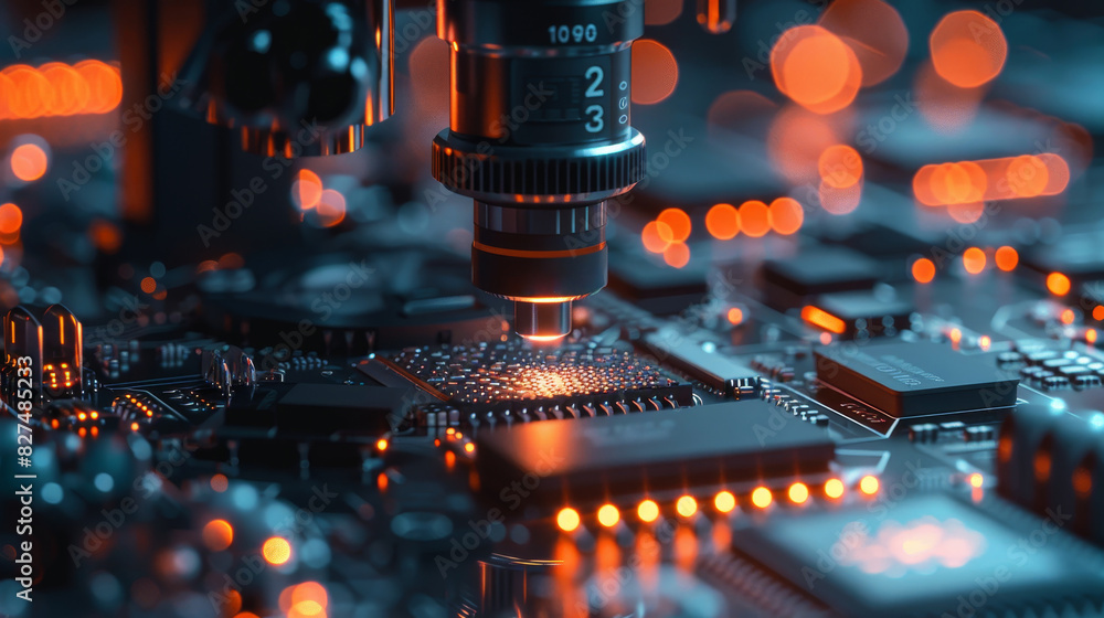 Poster close-up of a microscope examining a microchip on a glowing circuit board, highlighting precision in