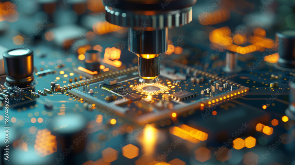 Poster close-up of a microscope examining a microchip on an illuminated circuit board, highlighting detaile