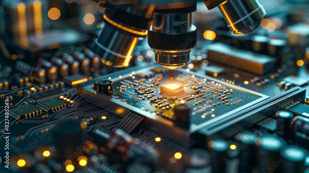 Poster close-up of a microscope examining electronic components on an illuminated circuit board, highlighti