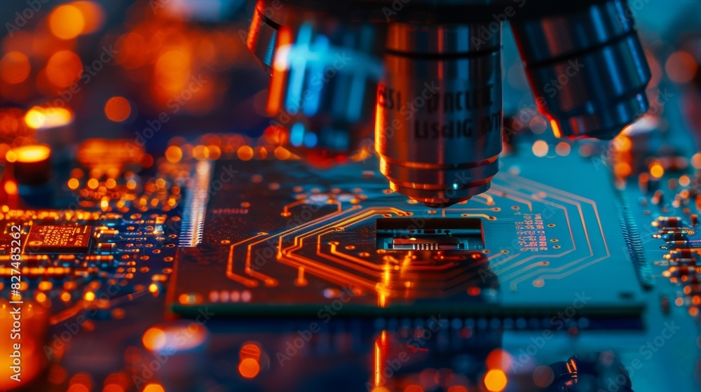 Poster close-up of a microchip being analyzed under a microscope on a glowing circuit board, highlighting p