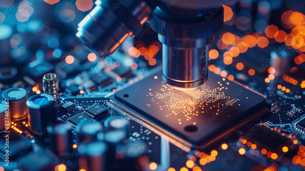 Aufkleber close-up of a microscope examining an illuminated microchip on a circuit board, highlighting advance