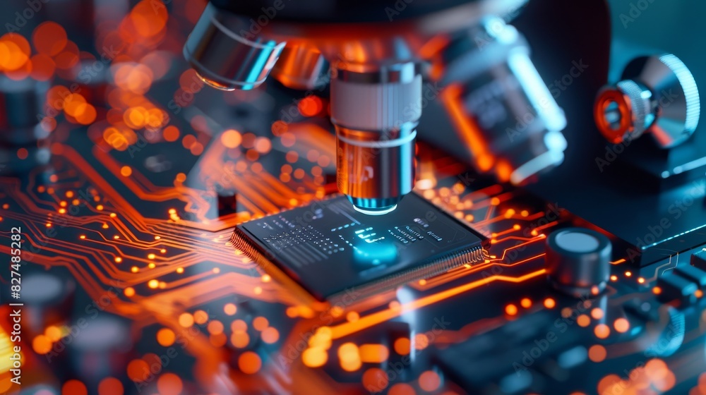Poster close-up of a microscope analyzing a microchip on an illuminated circuit board, highlighting electro