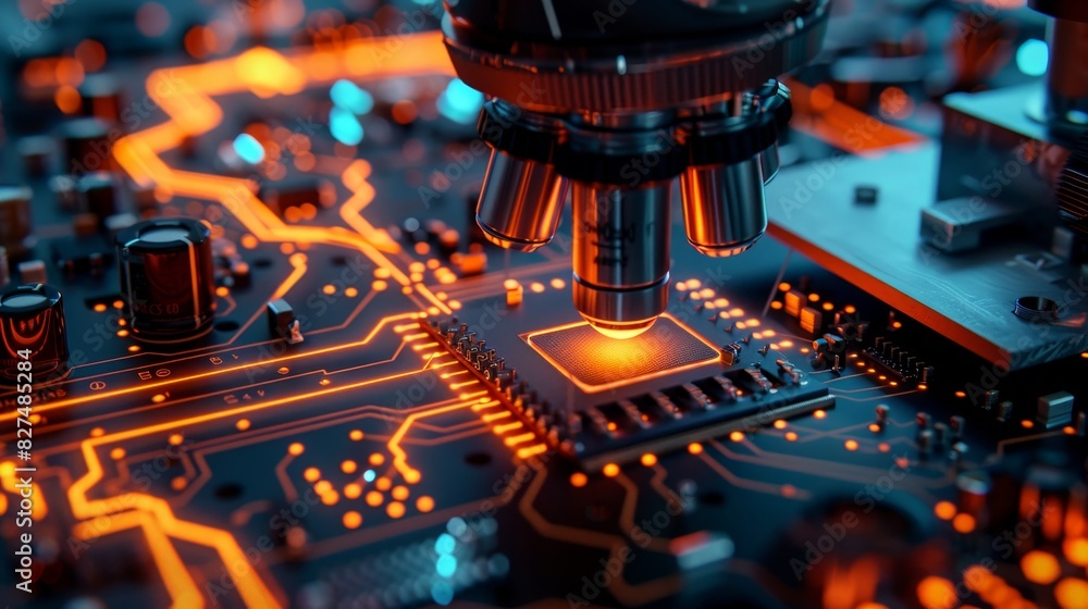 Poster microscope focused on a microchip on a glowing circuit board, showcasing advanced electronic compone