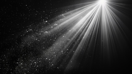 Light rays emanating through darkness, scattering particles with a bright starburst effect