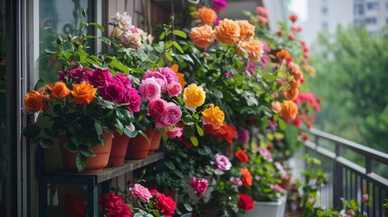 Naklejka premium Colorful blooming roses at a little balcon. Generative AI
