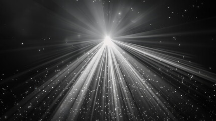 Radiating light beams with dispersed particles creating a cosmic atmosphere against a dark background