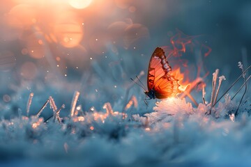 A butterfly made of ice and fire, with one wing ablaze and the other frozen, fluttering above an ice. Snowy meadow in the dawn background.