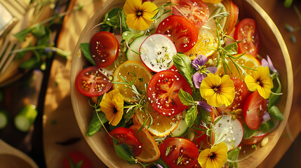 Top view of a fresh summer salad of cherry tomatoes, cucumber, radish, edible flowers and salad...
