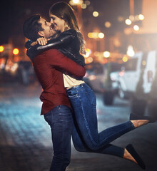 Man, woman and hug with love at night in street for support, care and marriage with commitment....