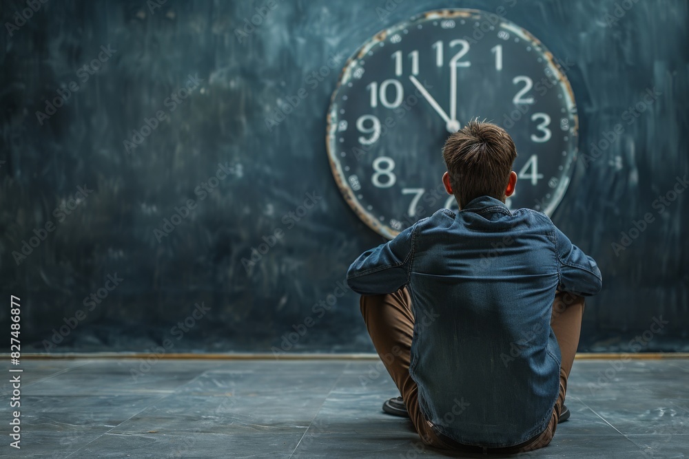 Poster Man sitting in front of a large clock, contemplating time and life's fleeting nature in a dark, introspective setting