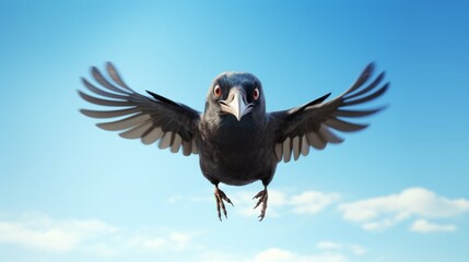 Fototapeta premium Black crow flying in the blue sky.