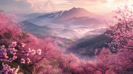Scenic cherry blossom field on the mountainside in the village