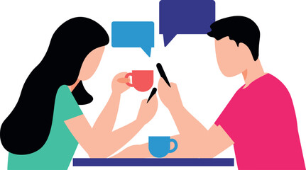 Boy and girl sitting at table using phone.