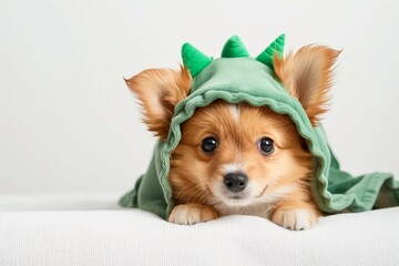 Cute young puppy wearing a funny dinosaur costume with green spikes looks directly into the camera, lying on a soft white surface and melting hearts with its endearing gaze