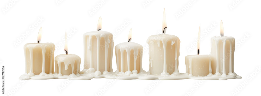 Poster a collection of white candles arranged in a row on a transparent background