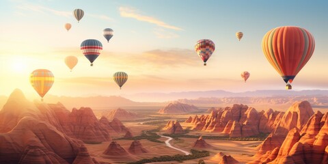 Fototapeta premium Hot air balloon rises very high in blue sky above white clouds, bright sun shines. A group of hot air balloons flying over a canyon. High quality photo