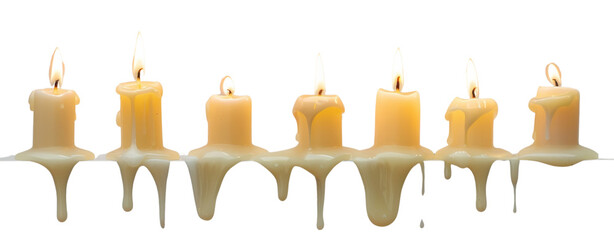 A row of candles with melting wax dripping down the sides against a transparent background