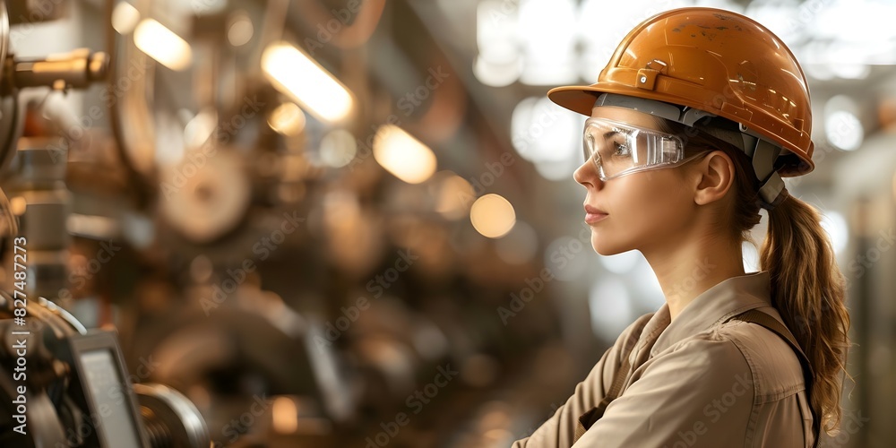Poster worker in protective helmet focuses on factory operations to ensure safety at work. concept factory 
