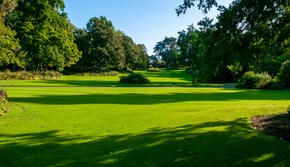 Landscaping, green lawn for relaxing in a city park in Nantes, France