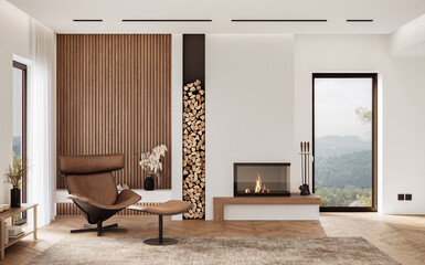 Fototapeta premium Minimalist living room interior with white walls and modern fireplace. Interior mockup, 3d render