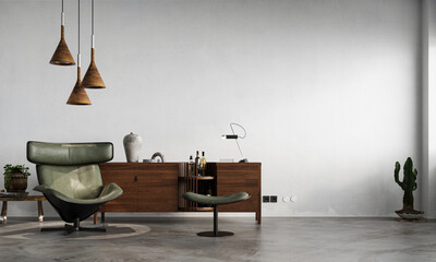 Interior design with green armchar and wooden sideboard on white stucco wall background, 3d render 
