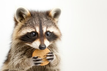 Adorable raccoon with striking black facial markings clutching a cookie delicately between its paws, looking up with curiosity on a soft neutral background