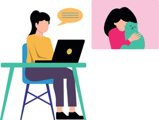 The girl is talking on the laptop.