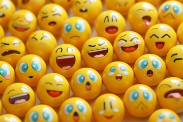 Collection of yellow emoji balls with a variety of facial expressions painted on them