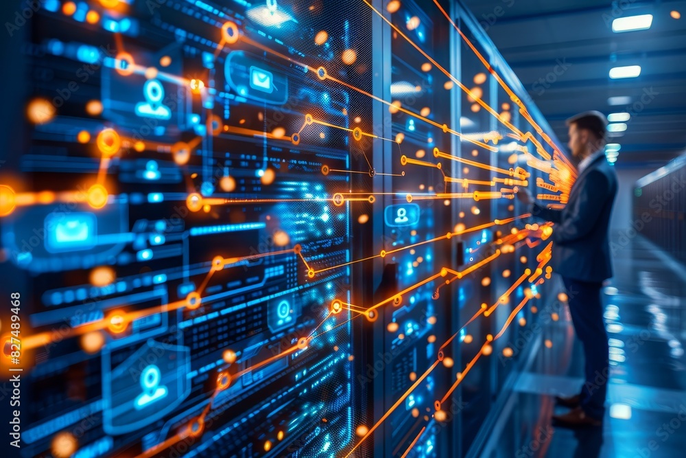 Poster man in a server room surrounded by digital interfaces, representing advanced technology and cyber se